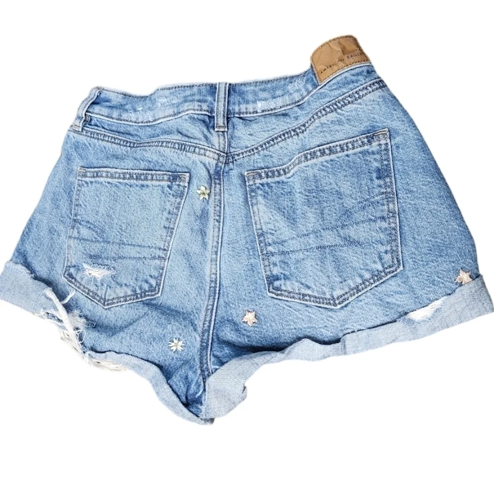 American Eagle High Rise Floral Embroidered Distressed Denim Mom Shorts